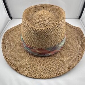 Eddie Bauer Women's/Men Medium Straw Sun Hat Wide Brim Multicolor Ribbon Summer